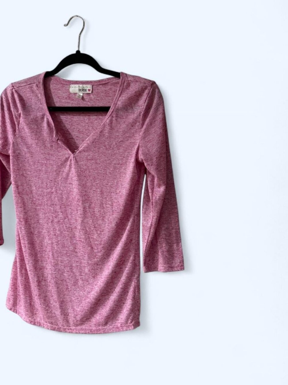 Semi-Sheer Pink V-Neck Long Sleeve Tee L